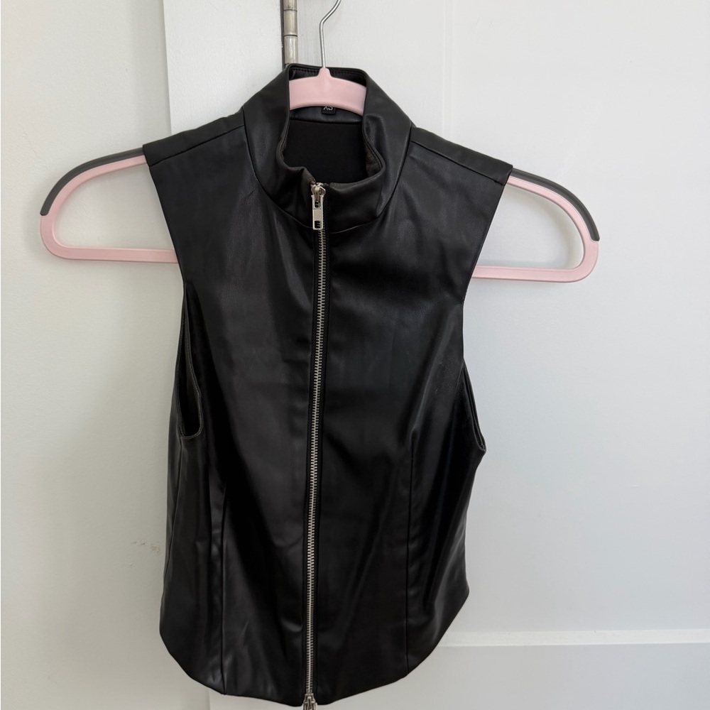 Black Sleeveless Zip-Front Faux Leather Tank